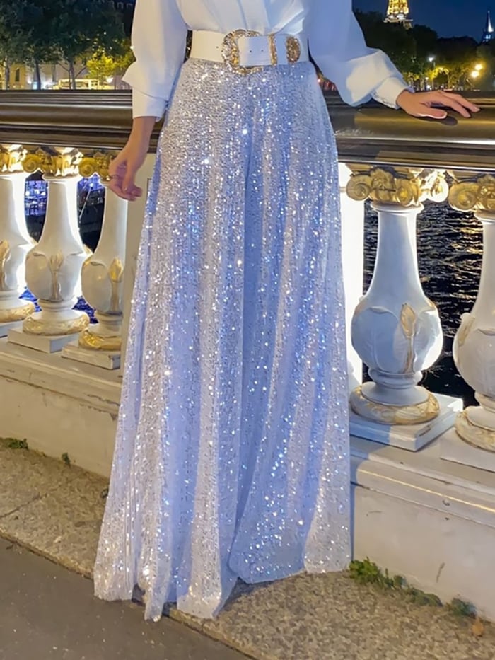 ✨Elegante blusa de manga larga con escote redondo y pantalon de pernera ancha con lentejuelas.-SP