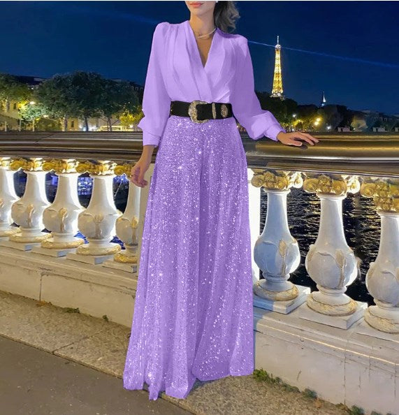 ✨Κομψό με μπλούζα ή πουκάμισο με μακριά μανίκια και στενή γραμμή και φαρδύ παντελόνι ή σορτς.-LV