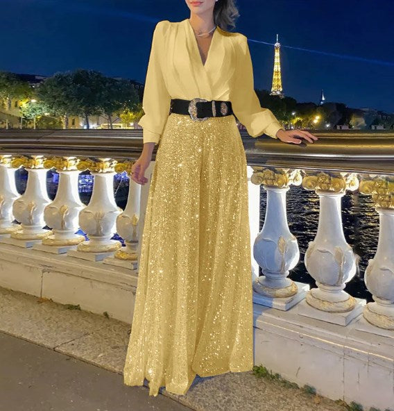 ✨Elegante blusa de manga larga con escote redondo y pantalon de pernera ancha con lentejuelas.-SP