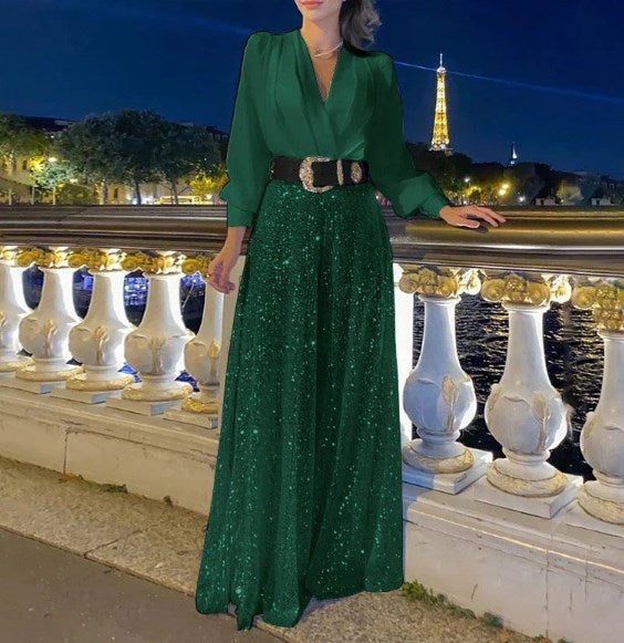 ✨Elegante blusa de manga larga con escote redondo y pantalon de pernera ancha con lentejuelas.-SP
