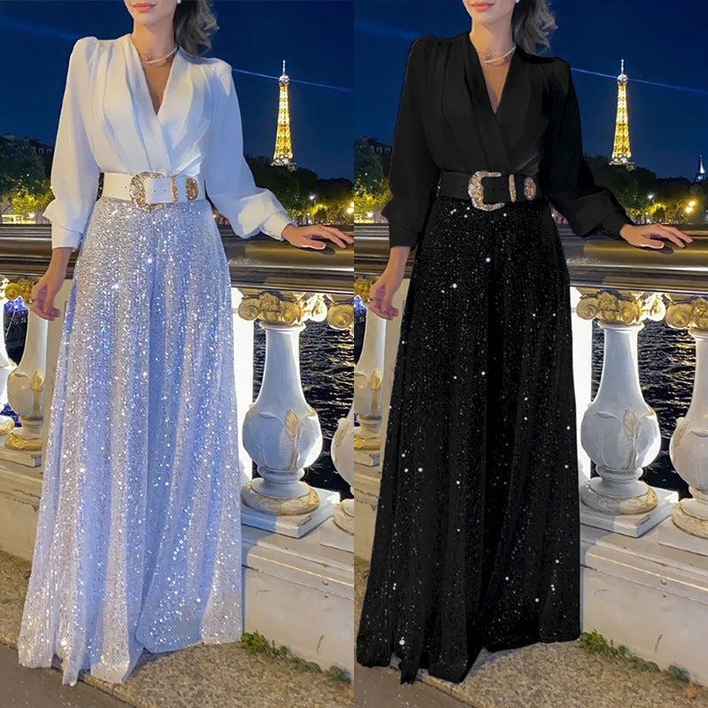 ✨Κομψό με μπλούζα ή πουκάμισο με μακριά μανίκια και στενή γραμμή και φαρδύ παντελόνι ή σορτς.-LV