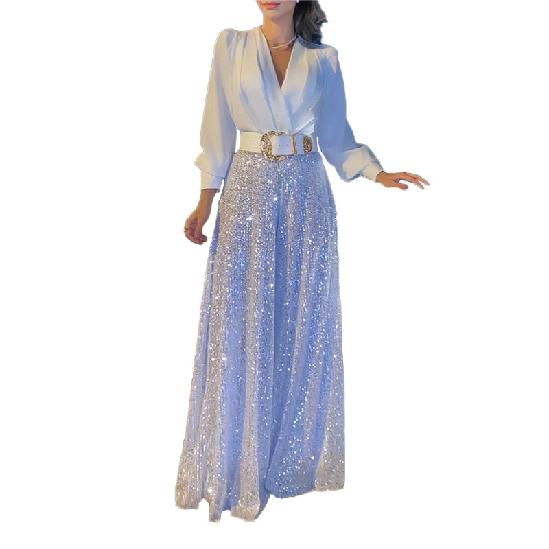 ✨Elegante blusa de manga larga con escote redondo y pantalon de pernera ancha con lentejuelas.-SP