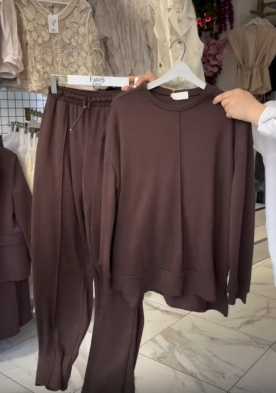 Conjunto de pantalon de algodón de larga y cuello roundo para mujer-ES