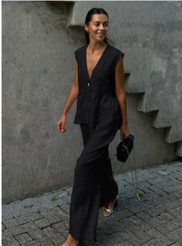 Dámska dvojdielna súprava z pevnej bavlny, výstrih do V, bez rukávov, blúzka a nohavice-SK