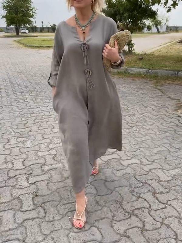 🎁👗Φόρεμα με V-neckline από βαμβάκι και λινό-GR