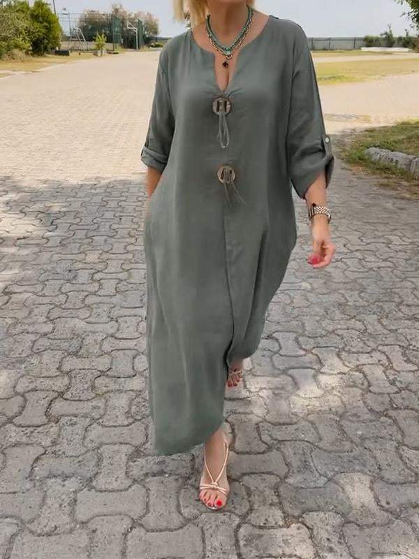 🎁👗Φόρεμα με V-neckline από βαμβάκι και λινό-GR