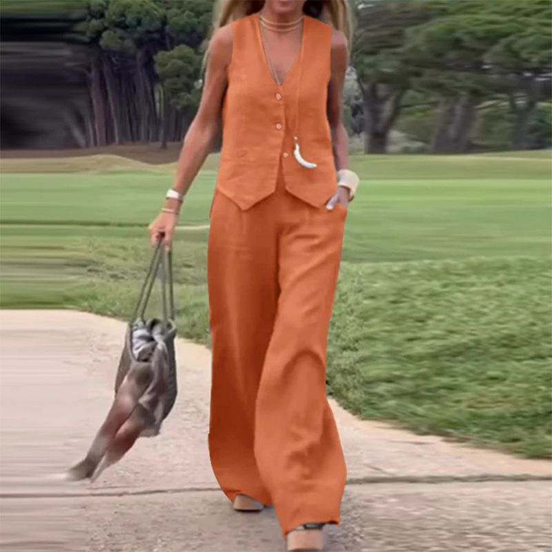 💕Πολύχρωμο γιλέκο με φερμουάρ και παντελόνι με φαρδιά μπατζάκια, γυναικείο σετ δύο τεμαχίων-LT