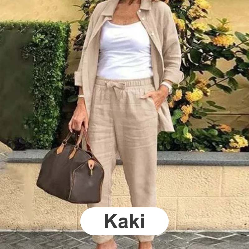 Γυναικεία μπλούζα και παντελόνι με μακριά μανίκια από βαμβακερό λινό