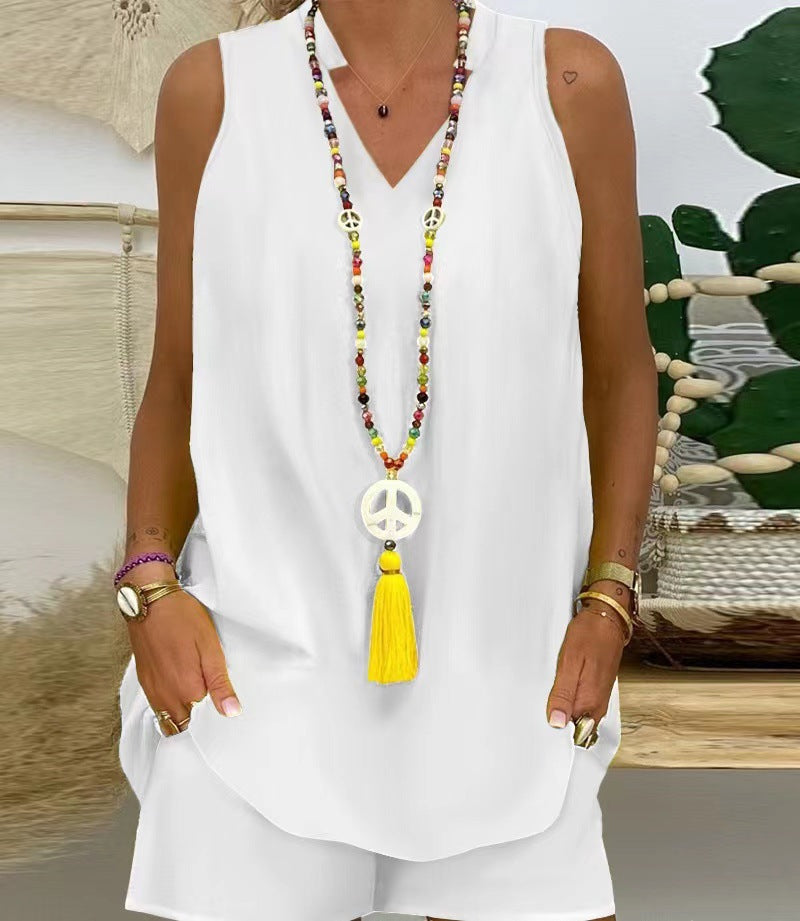 Elegantiškas dviejų dalių komplektas: trumpomis rankovėmis V formos iškirptė + šortai-LT