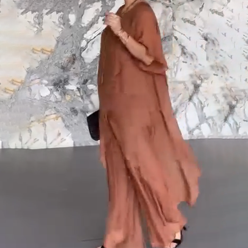 🛍️✨ Γυναικείο σετ που αποτελείται από μπλούζα ακανόνιστου σχήματος και ανοιχτόχρωμο παντελόνι-LT