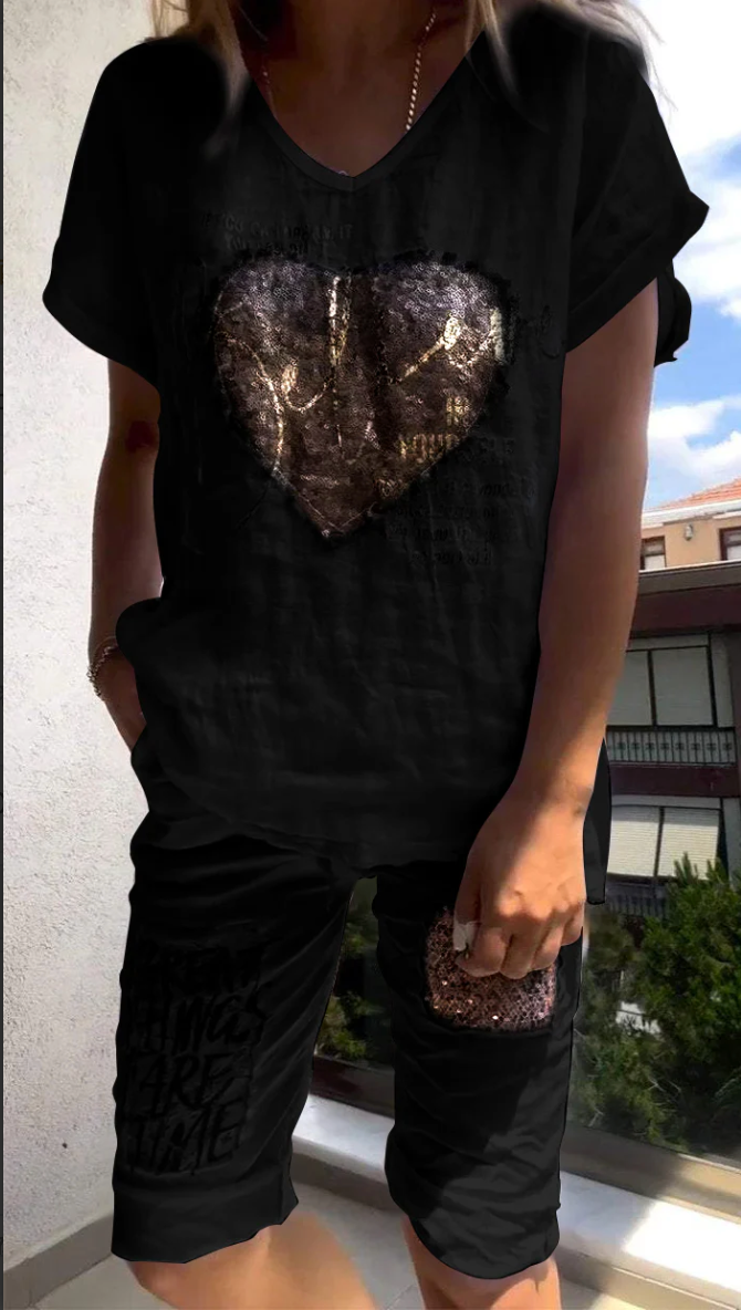 Casual κοστούμι δύο τεμαχίων με λαιμόκοψη V και χρυσό ανάγλυφο-GR