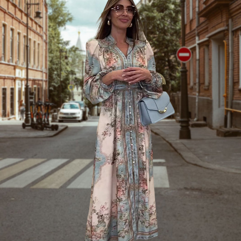 Elegantiška suknelė su V formos iškirpte, aukštu liemeniu, gėlių raštu ir sagomis-LT