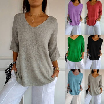 🔥Νέο στυλ 2024🥰 Μονόχρωμος πλεκτό τοπ με γραμμοκοψη V-GR