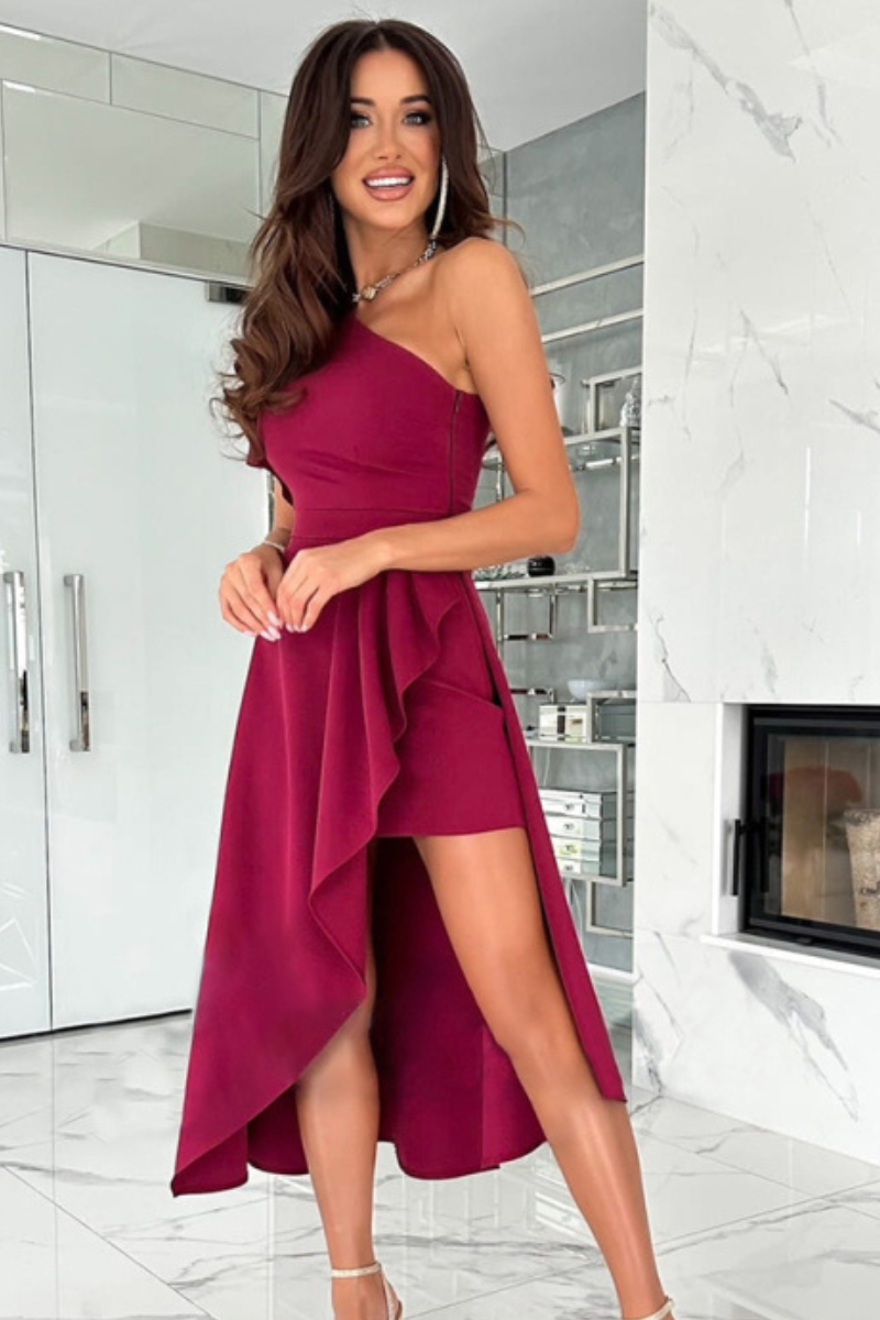 Elegantiška vienspalvė suknelė ant vieno peties-LT