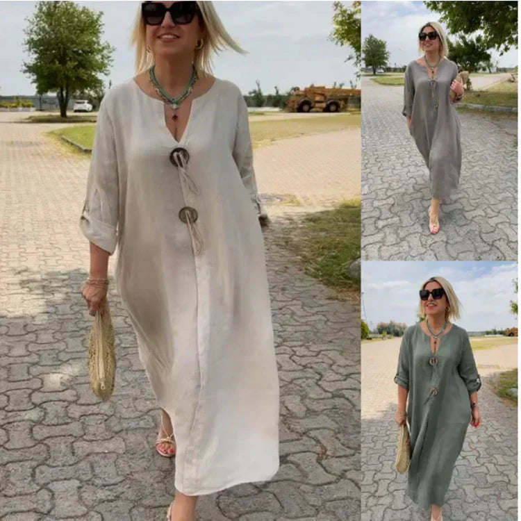 🎁👗Φόρεμα με V-neckline από βαμβάκι και λινό-GR