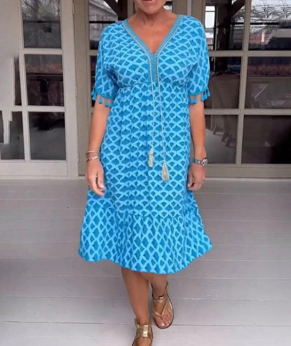 🔥Φόρεμα μίντι με V λαιμόκοψη και κρόσσια στα μανίκια και στάμπα