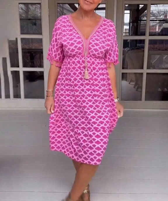 🔥Μίντι φόρεμα με V ντεκολτέ και τυπωμένα μανίκια