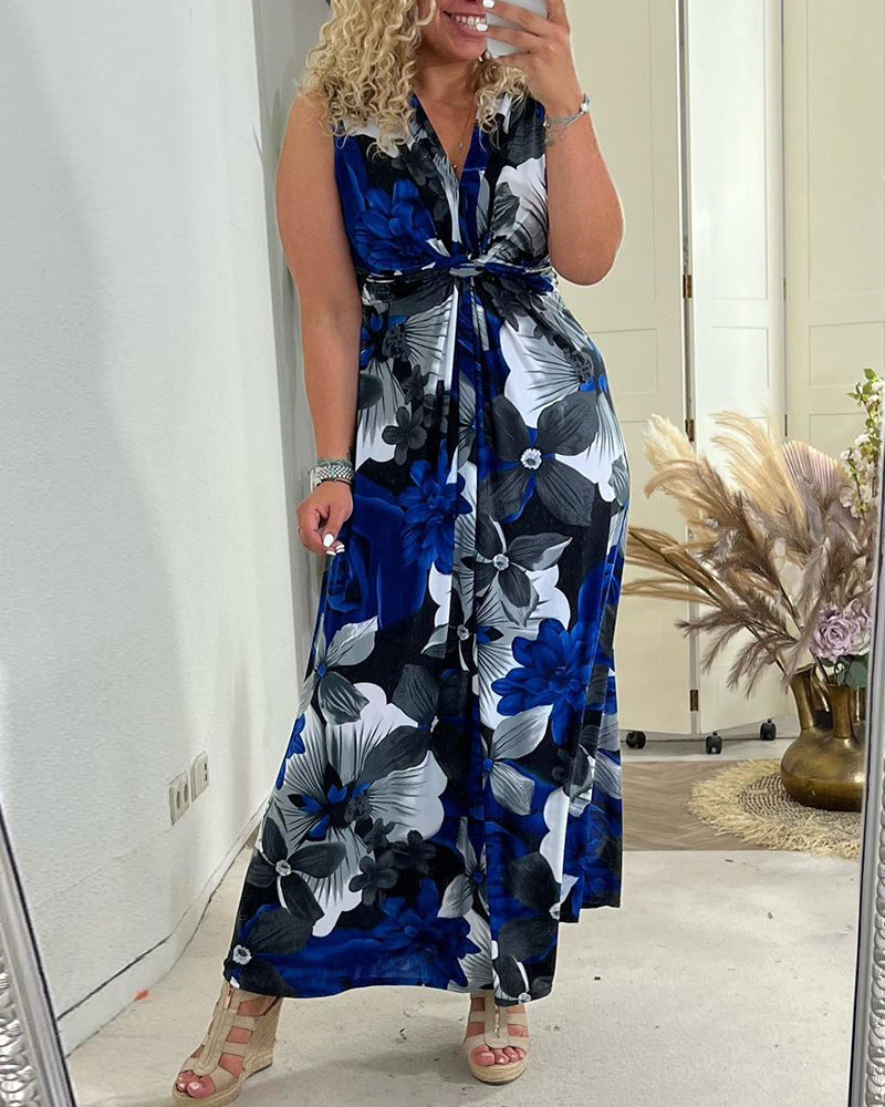 💗Vestido pleasado con estampado kvetinové elegantné sin mangas. 