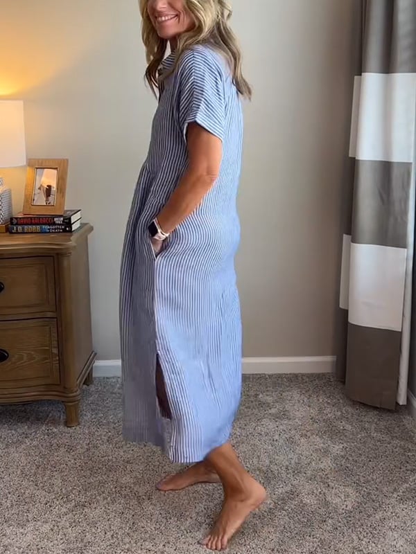 Dryžuota marškinių suknelė su sagomis užsegamais atlapais | Su funkcionaliomis kišenėmis-LT