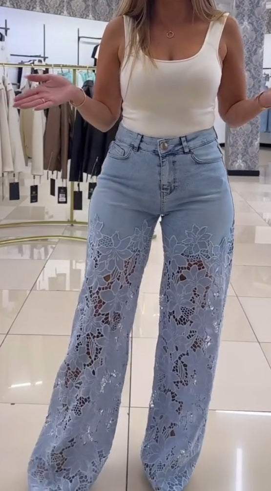Dámske elegantné čipkované džínsy-SK