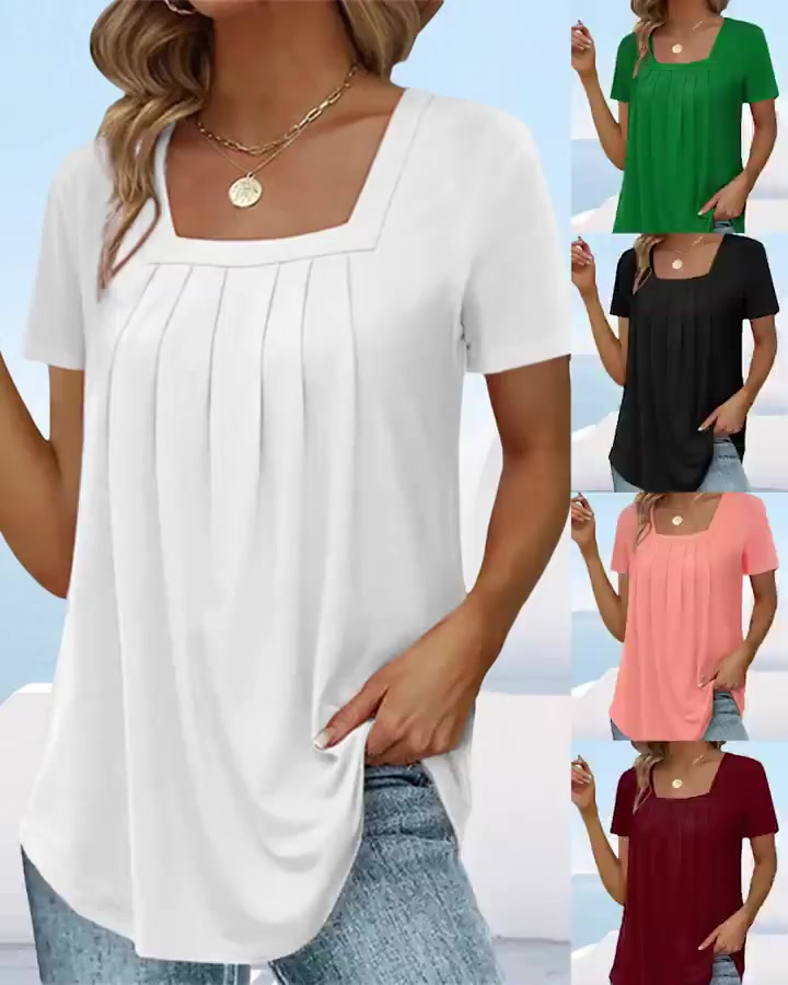 🎁 Μονόχρομος κοντομάνικο πλέουζάκι με τετράγωνη γραμμοκοψη-GR