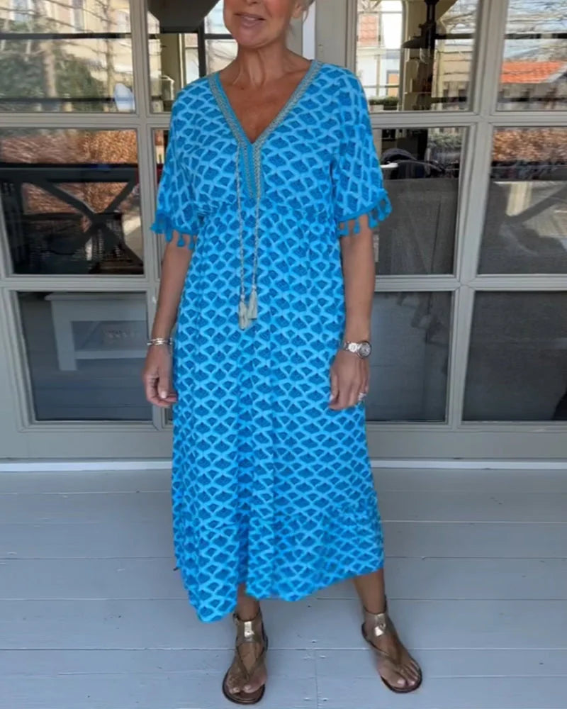 🔥Μίντι φόρεμα με V ντεκολτέ και τυπωμένα μανίκια