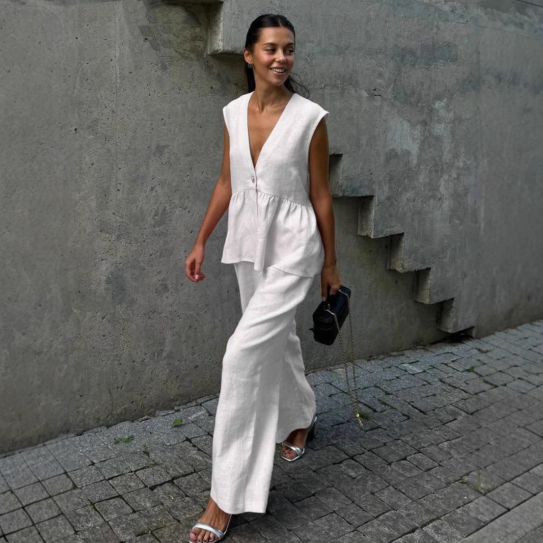 Dámska dvojdielna súprava z pevnej bavlny, výstrih do V, bez rukávov, blúzka a nohavice-SK