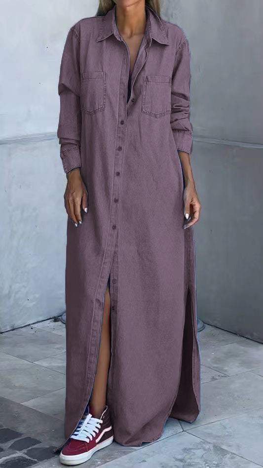 Džínsové šaty s dlhými rukávmi a chlopňami-SK