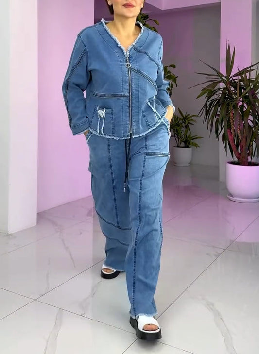Traje vaquero vintage para mujer con cremallera-ES 
