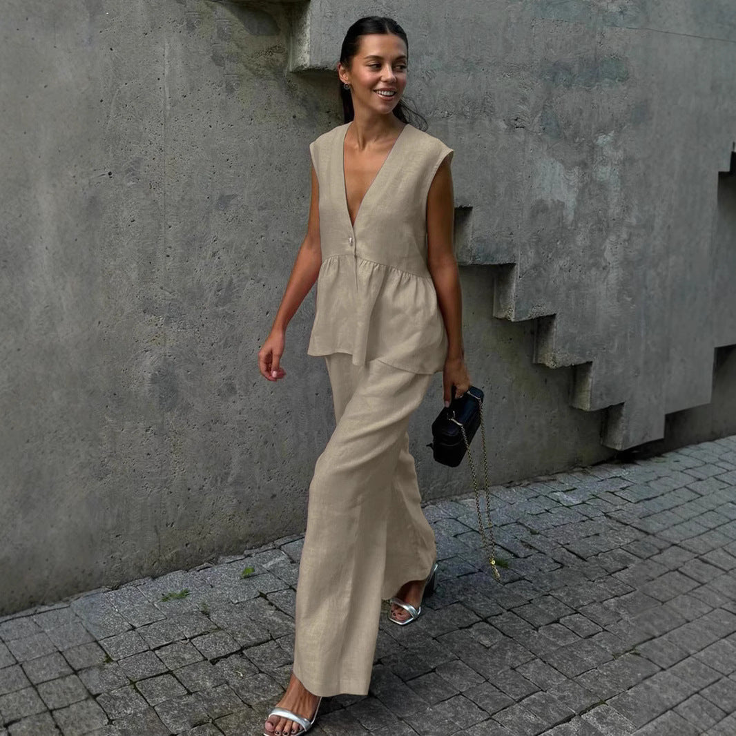 Dámska dvojdielna súprava z pevnej bavlny, výstrih do V, bez rukávov, blúzka a nohavice-SK