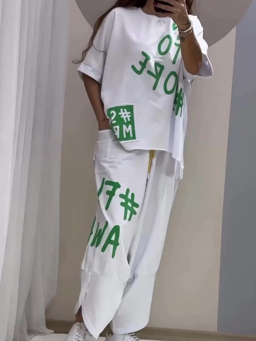 Traje casual empanado de dos piezas con escote redondo-ES 