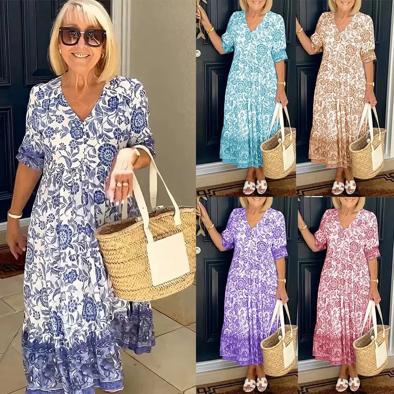 Elegantiška ir stilinga suknelė su raštais ir V formos iškirpte-LT