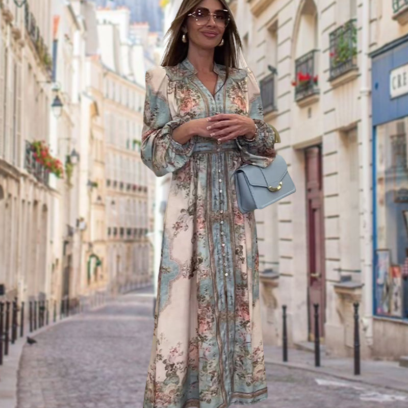 Elegantiška suknelė su V formos iškirpte, aukštu liemeniu, gėlių raštu ir sagomis-LT