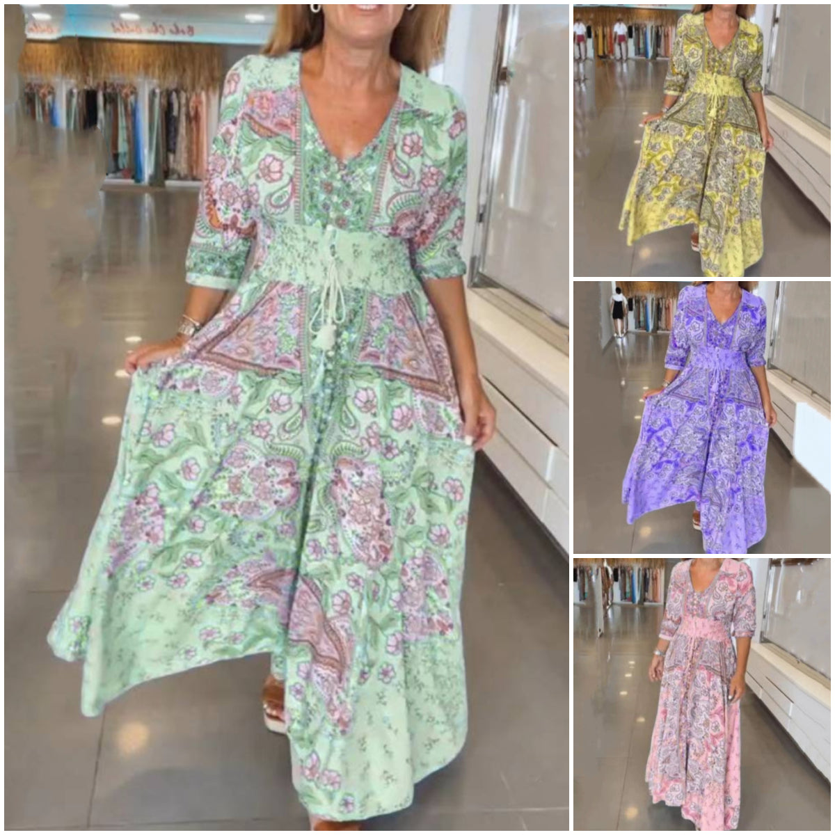 Dámske elegantné kvetinové dlhé šaty so sťahovacou šnúrkou-SK