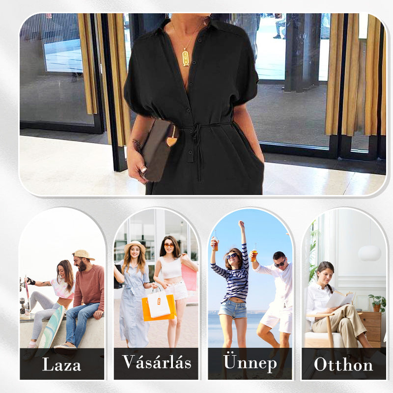 💜✨Γυναικεία φόρμα ολόσωμα με κουμπιά, φαρδιά γραμμή και κοντά μανίκια-GR