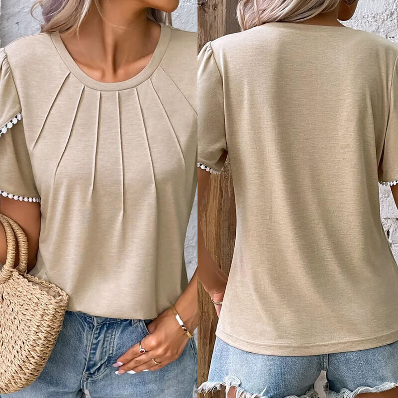 🔥Γυναικεία casual μονόχρωμη μπλούζα με στρογγυλή λαιμόκοψη και δαντέλα-GR 
