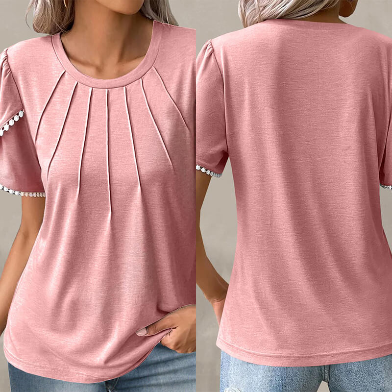 🔥Γυναικεία casual μονόχρωμη μπλούζα με στρογγυλή λαιμόκοψη και δαντέλα-GR 