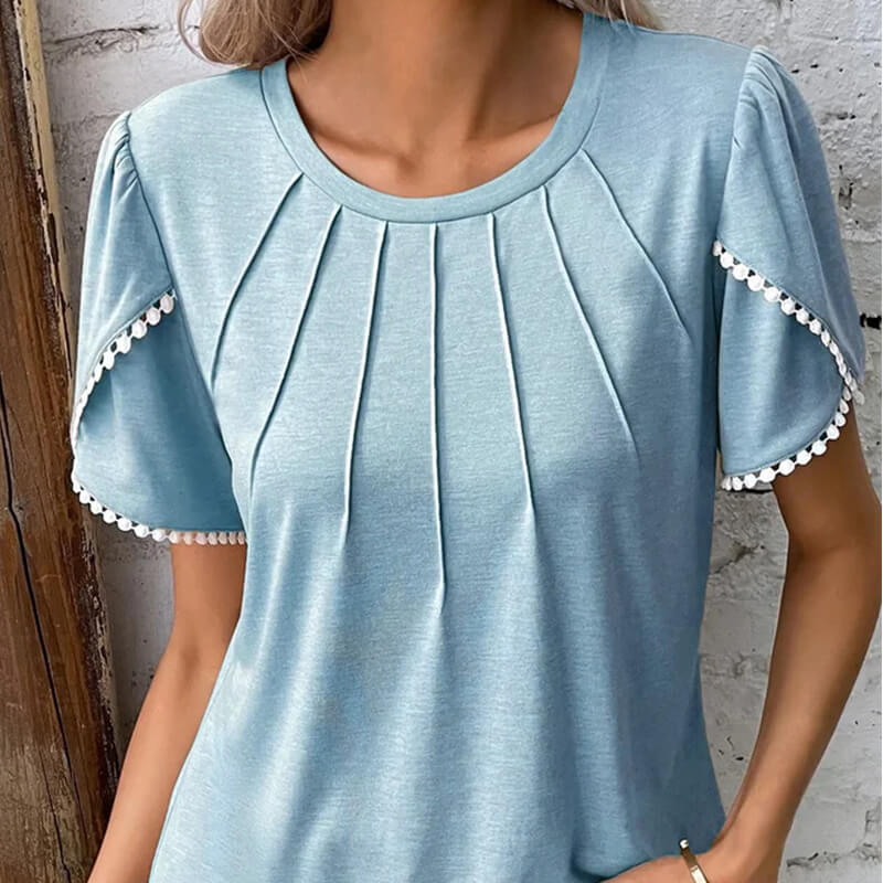 🔥Γυναικεία casual μονόχρωμη μπλούζα με στρογγυλή λαιμόκοψη και δαντέλα-GR 