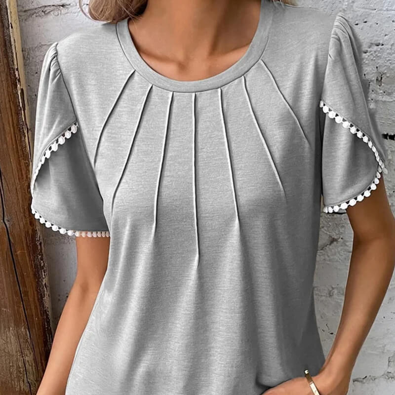 🔥Γυναικεία casual μονόχρωμη μπλούζα με στρογγυλή λαιμόκοψη και δαντέλα-GR 