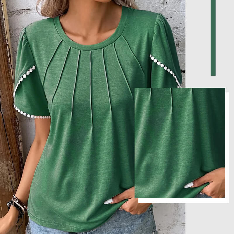 🔥Γυναικεία casual μονόχρωμη μπλούζα με στρογγυλή λαιμόκοψη και δαντέλα-GR 