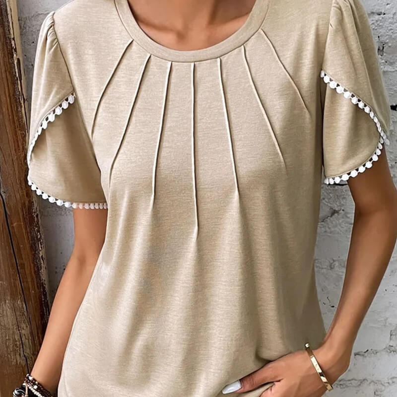🔥Γυναικεία casual μονόχρωμη μπλούζα με στρογγυλή λαιμόκοψη και δαντέλα-GR 