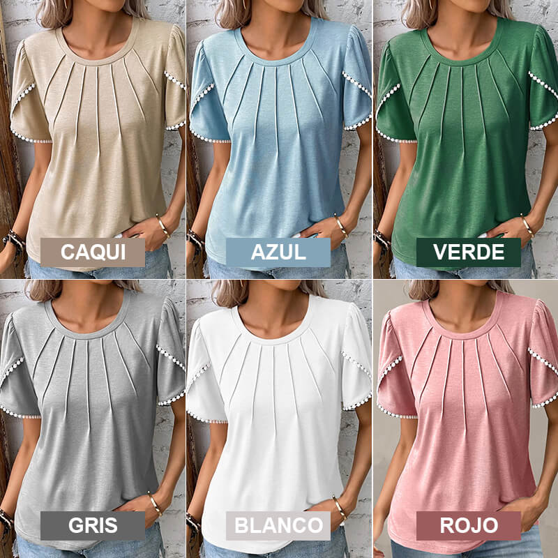 🔥Γυναικεία casual μονόχρωμη μπλούζα με στρογγυλή λαιμόκοψη και δαντέλα-GR 