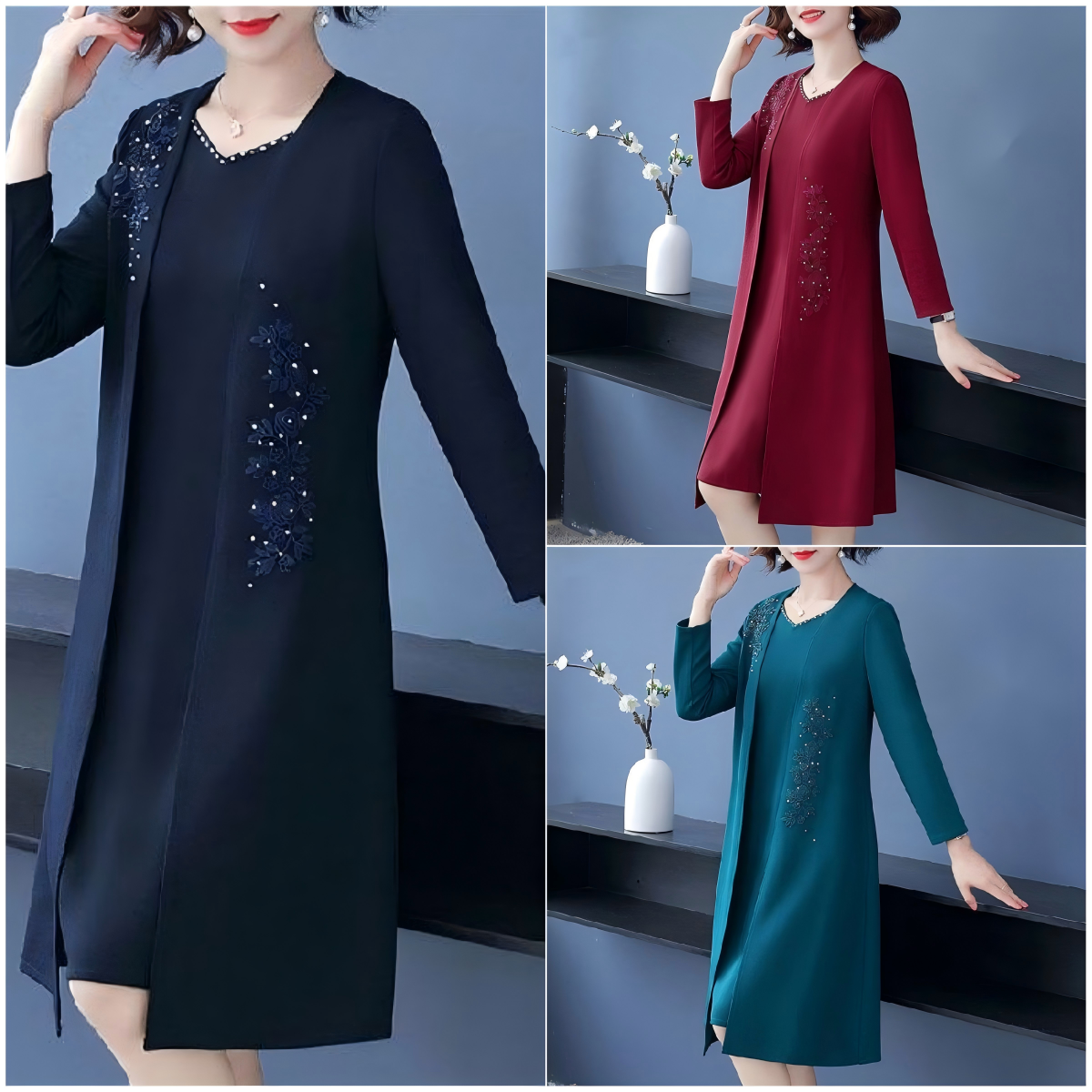 Elegantiškas dviejų dalių moteriškas komplektas su švarku ir suknele-LT