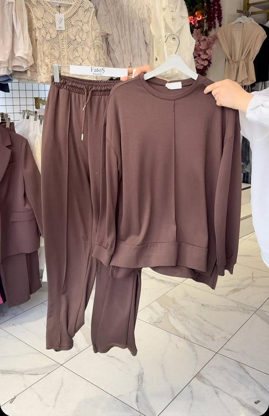 Conjunto de pantalon de algodón de larga y cuello roundo para mujer-ES