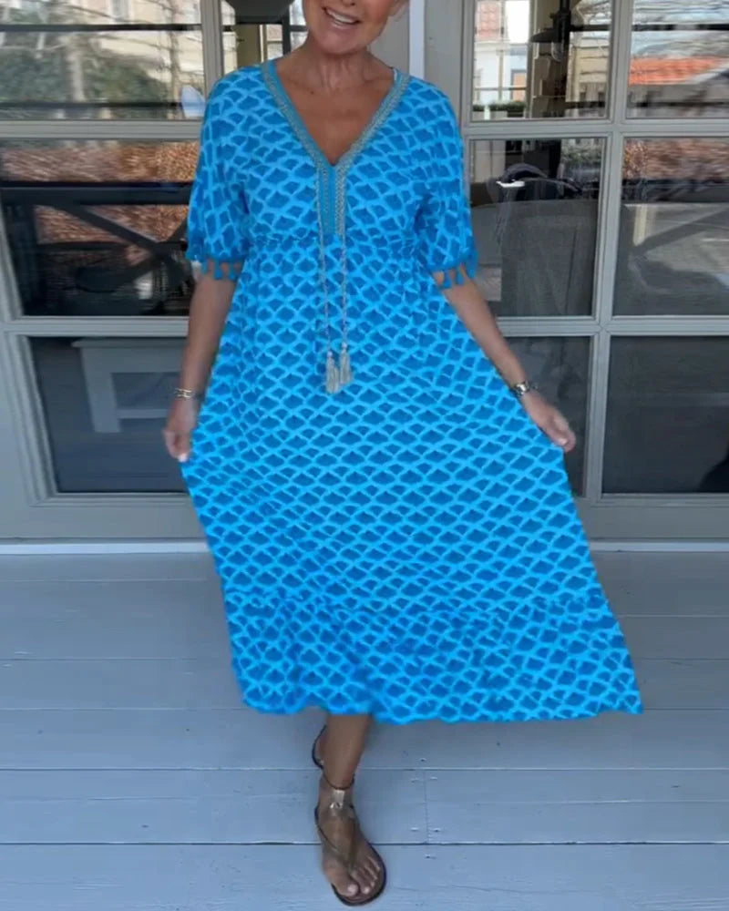 🔥Φόρεμα μίντι με V λαιμόκοψη και κρόσσια στα μανίκια και στάμπα