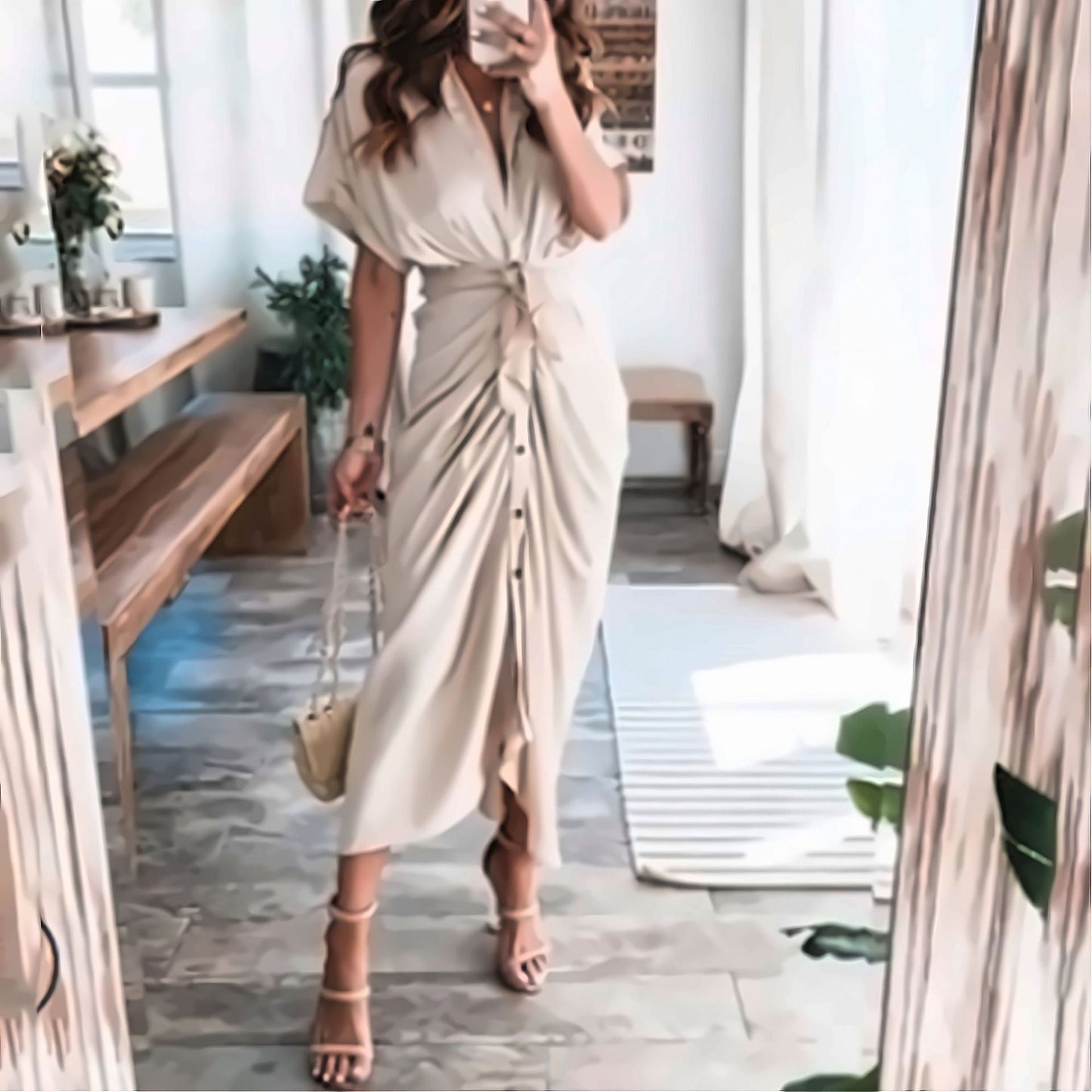 👗 Φόρεμα camisero de satén con botones para mujer