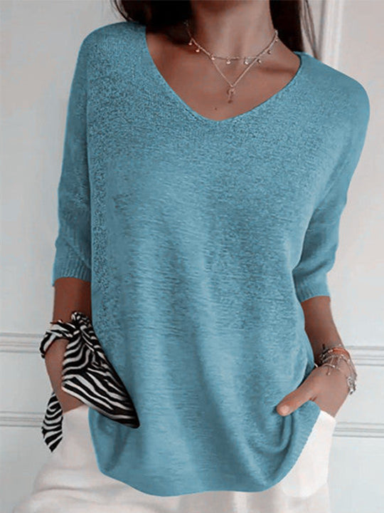 🔥Νέο στυλ 2024🥰 Μονόχρωμος πλεκτό τοπ με γραμμοκοψη V-GR