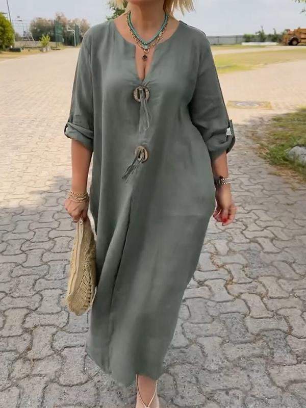 🎁👗Φόρεμα με V-neckline από βαμβάκι και λινό-GR