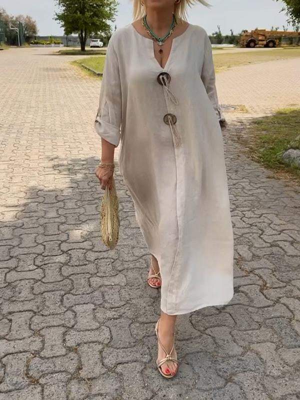🎁👗Φόρεμα με V-neckline από βαμβάκι και λινό-GR