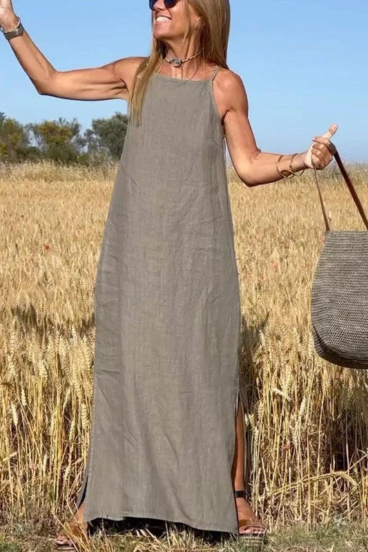 🔥2024 Νέα προϊόντα👗Vestidos de lino de μονόχρωμα para mujer con hombros descubiertos-SP